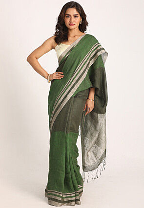 Handloom Linen Saree in Green