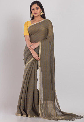 Handloom Linen Saree in Grey and Olive Green
