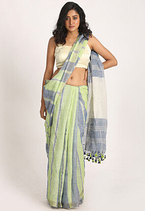 Handloom Linen Saree in Light Green and Blue