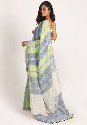 Handloom Linen Saree in Light Green and Blue