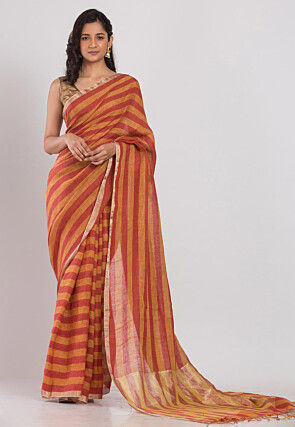 Handloom Linen Saree in Light Orange and Red