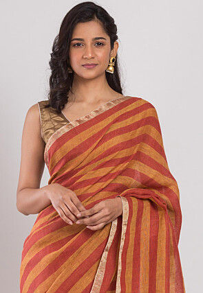Handloom Linen Saree in Light Orange and Red