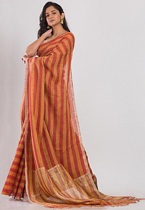 Handloom Linen Saree in Light Orange and Red