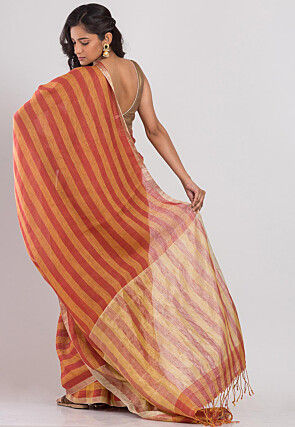 Handloom Linen Saree in Light Orange and Red
