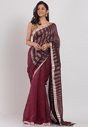 Handloom Linen Saree in Maroon