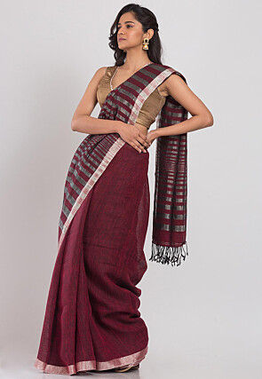 Handloom Linen Saree in Maroon