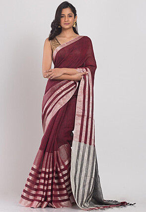 Handloom Linen Saree in Maroon