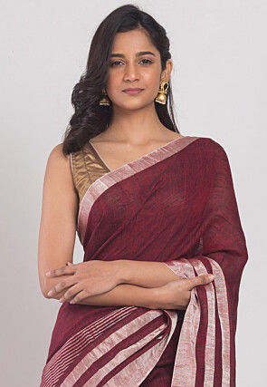 Handloom Linen Saree in Maroon