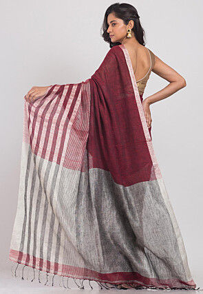 Handloom Linen Saree in Maroon