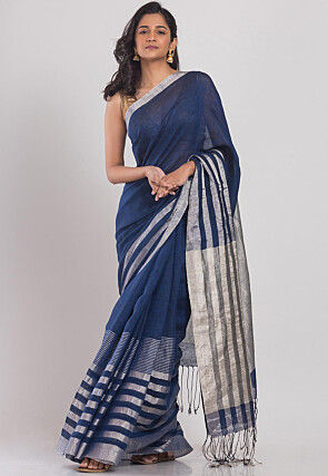 Handloom Linen Saree in Navy Blue
