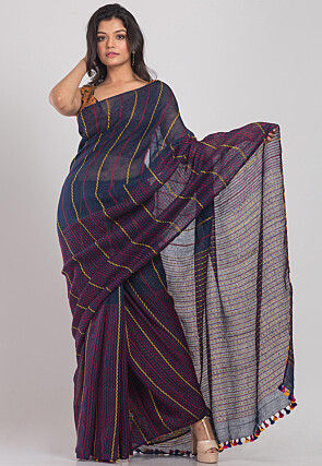 Handloom Linen Saree in Navy Blue