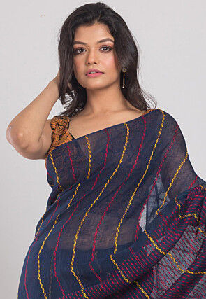 Handloom Linen Saree in Navy Blue