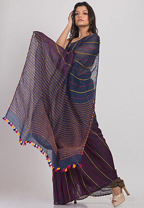 Handloom Linen Saree in Navy Blue