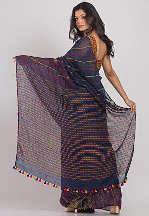Handloom Linen Saree in Navy Blue