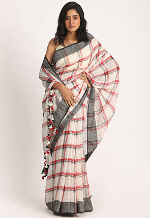Handloom Linen Saree in Off White