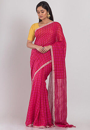 Handloom Linen Saree in Ombre Fuchsia
