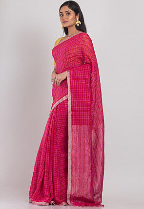 Handloom Linen Saree in Ombre Fuchsia