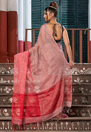 Handloom Linen Saree in Pink and Red