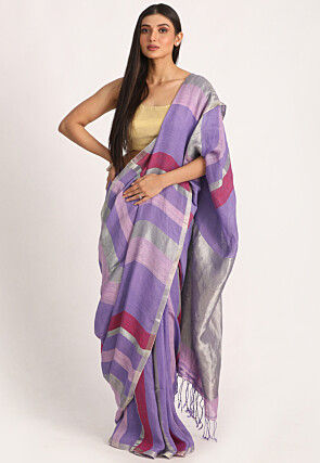 Handloom Linen Saree in Purple and Multicolor