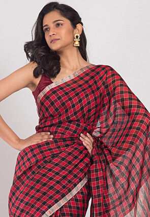 Handloom Linen Saree in Red and Black