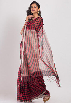 Handloom Linen Saree in Red and Black