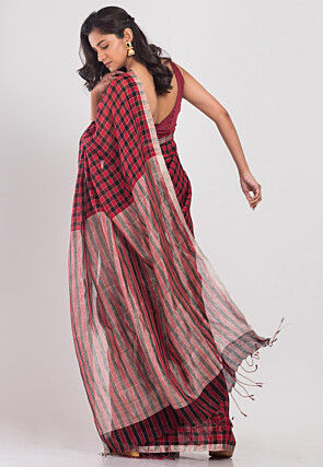 Handloom Linen Saree in Red and Black