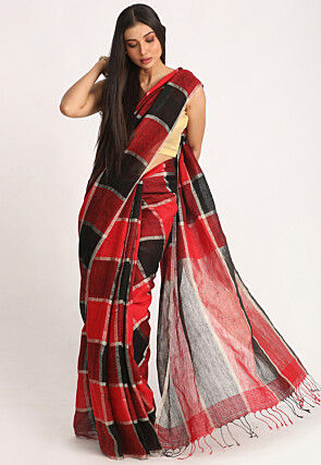Handloom Linen Saree in Red and Black