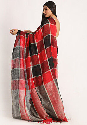 Handloom Linen Saree in Red and Black