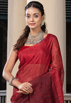 Handloom Linen Saree in Red and Black