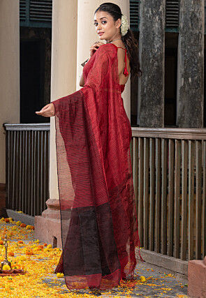 Handloom Linen Saree in Red and Black