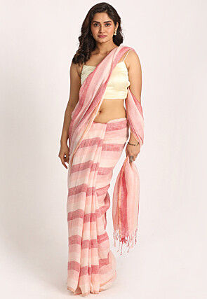 Handloom Linen Saree in White and Pink