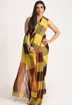 Handloom Linen Saree in Yellow and Black