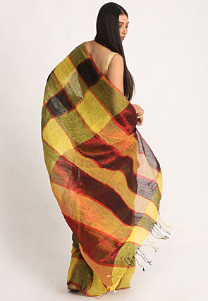 Handloom Linen Saree in Yellow and Black