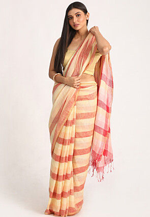 Handloom Linen Saree in Yellow and Red