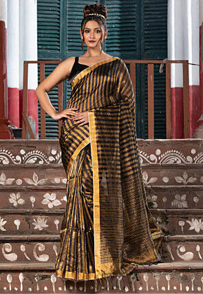 Handloom Linen Shimmer Saree in Black and Golden