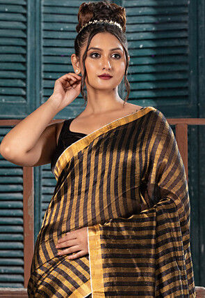 Handloom Linen Shimmer Saree in Black and Golden