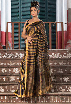 Handloom Linen Shimmer Saree in Black and Golden