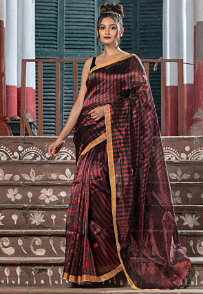 Handloom Linen Shimmer Saree in Black and Red