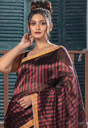 Handloom Linen Shimmer Saree in Black and Red