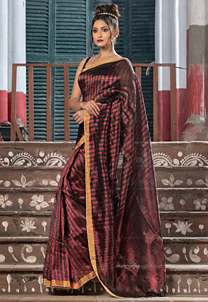 Handloom Linen Shimmer Saree in Black and Red