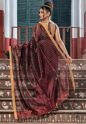 Handloom Linen Shimmer Saree in Black and Red