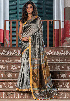 Handloom Linen Shimmer Saree in Dark Grey