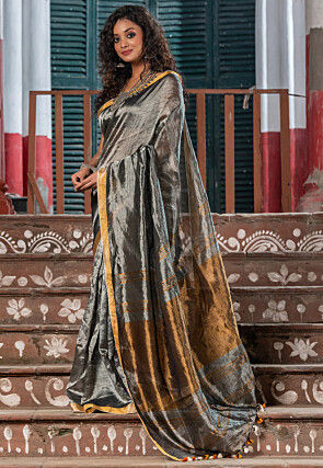 Handloom Linen Shimmer Saree in Dark Grey