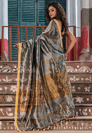 Handloom Linen Shimmer Saree in Dark Grey