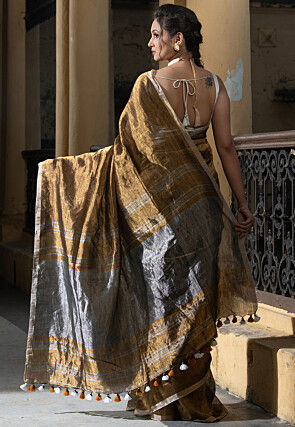 Handloom Linen Shimmer Saree in Golden