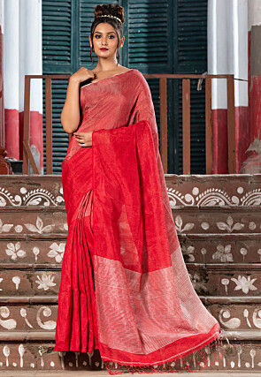 Handloom Linen Shimmer Saree in Ombre Red