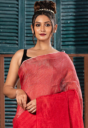 Handloom Linen Shimmer Saree in Ombre Red