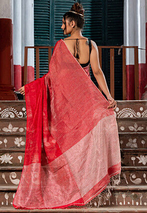 Handloom Linen Shimmer Saree in Ombre Red