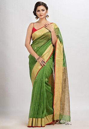 Handloom Linen Silk Saree in Green