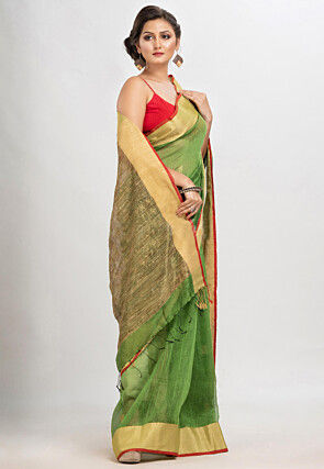 Handloom Linen Silk Saree in Green